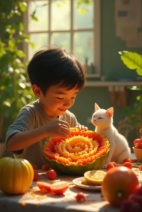 A boy creating a fruit statue of God with a cat on the edge