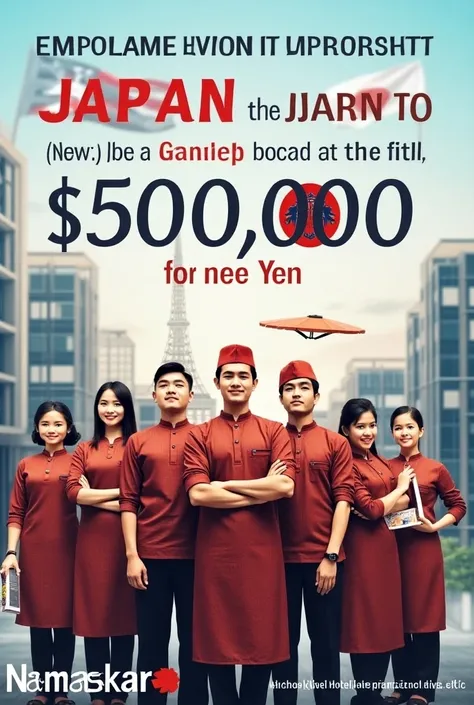 Create an image for my Facebook post promotional campaign image "employment opportunities for Nepalese in Japan as hotel and restaurant staffs and earn JPY 200,000. Apply for this opportunity at Namaskar Hotel Management School.  