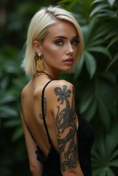 8k, RAW photo, Fujifilm, style photo of a beautiful  woman, square face, scorpion tattoo , wearing black lace ,tank top, eyebrow earring,golden earrings, red lips,blue eyes, luxury modern short blonde hair style, forearms tattoos,strong features like a spi...