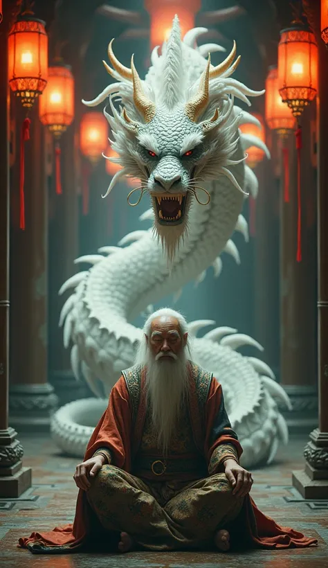  A Chinese dragon transforming into a wise old man, with long white hair and traditional clothing ,  sitting in a mystical temple illuminated by lanterns .