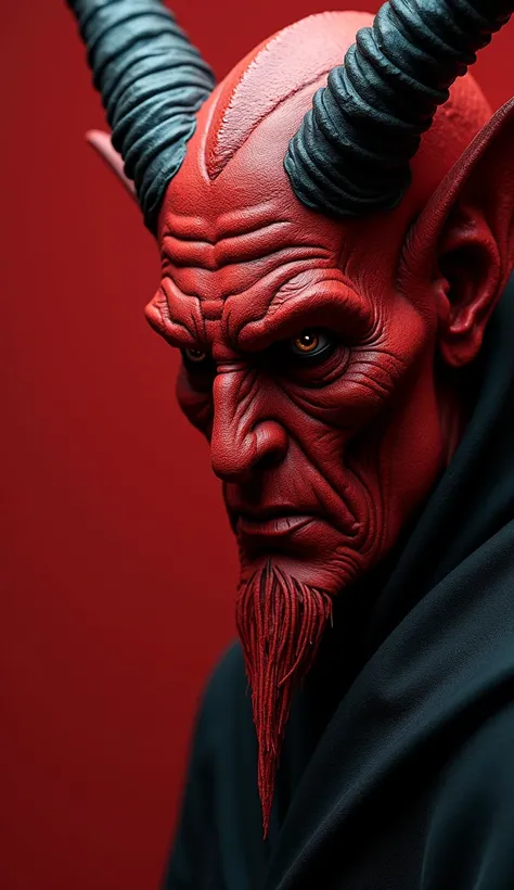  An ultra-realistic image of Satan ,  with vibrant red skin and complex details ,  like deep wrinkles and textures on the skin that resemble something ethereal and demonic .  The face must display an intense expression ,  with penetrating and luminous eyes...