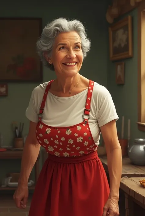 65-year-old woman with short t-shirt, long red skirt and sevio apron at the waist