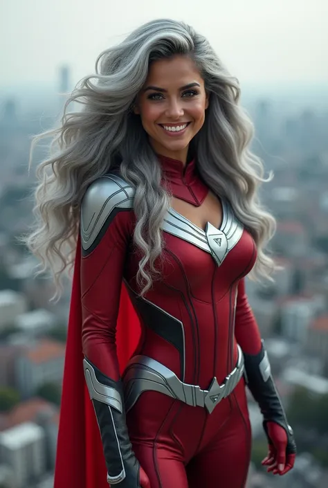 Extremely photorealistic An Hispanic version of Ariana Grande, beautiful and young looking, like a 50 year old woman with long, completely gray hair in big curls, stylized as a retired American-inspired superheroine, wearing her superhero costume, that loo...