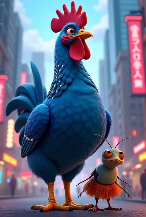 Pixar action movie cover about a blue chicken with white spots and a cockroach wearing a realistic skirt