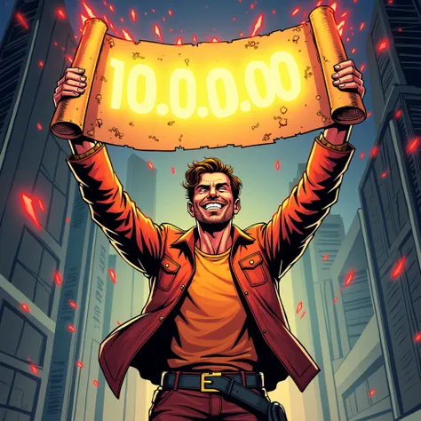 Comic book marketer holding a glowing scroll that says “10,000 Subscribers Milestone!”