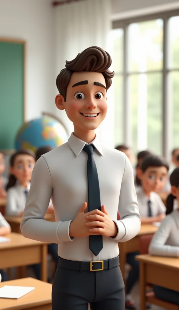 Create a 3D realistic image with 9:16 aspect ratio depicting a handsome teacher in a classroom setting, standing confidently with a warm and welcoming smile. The teacher, a young man with neatly styled brown hair, is dressed in a white shirt and dark tie. ...