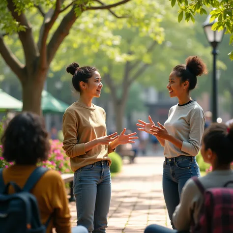 Two young people giving an informative talk in the lively Lima park with few people around them