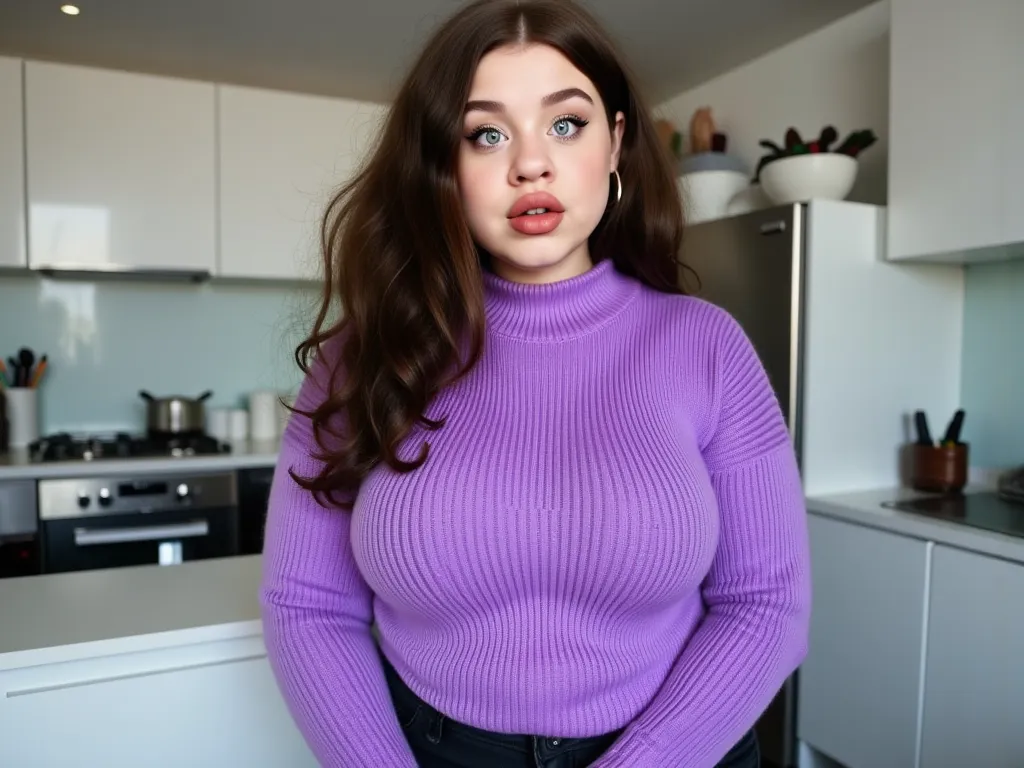 gina in the kitchen modeling a purple sweater, full body shot.