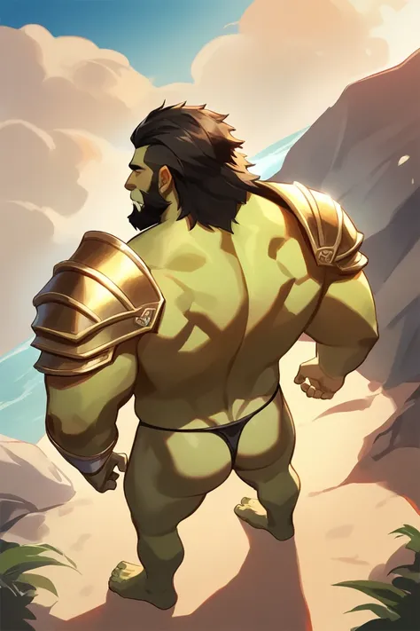 score_9, score_8_above, score_7_above, Alone, male focus,  male in bulk , ogre, green skin, fangs, beard, outdoors,  micro armor  ,  shoulder armor , chest, aboveper body, boca cerrada, Pauldrons, day , day sky, Standing ,  ,  shirtless  , (black thong) , ...