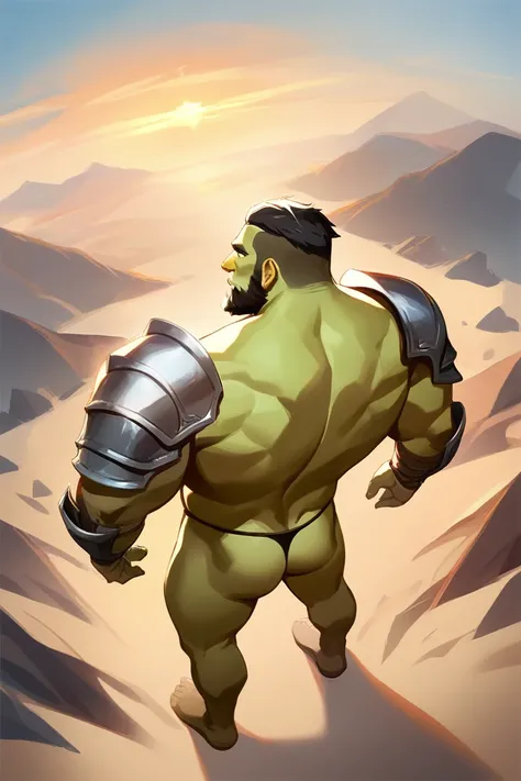 score_9, score_8_above, score_7_above, Alone, male focus,  male in bulk , ogre, green skin, fangs, beard, outdoors,  micro armor  ,  shoulder armor , chest, aboveper body, boca cerrada, Pauldrons, day , day sky, Standing ,  ,  shirtless  , (black thong) , ...