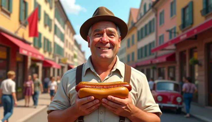 German man holding a hot dog