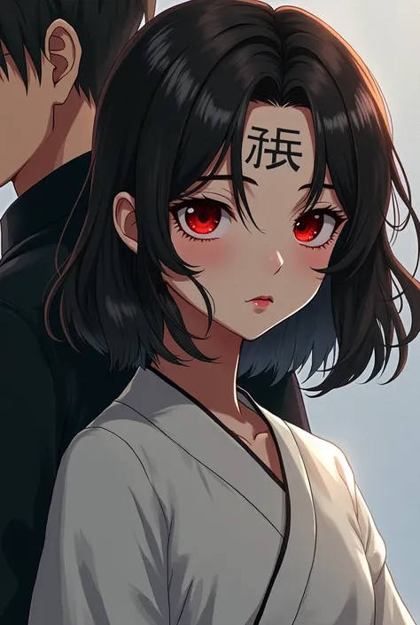 Girl by his side with red eyes and red lips, dark brown medium-length hair and black eyes .  Also white clothes and on the right forehead half the word hate in Japanese . Naruto style