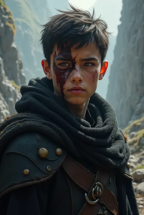 Young paladin warrior in black clothes, with a big scar on his face , in the eye