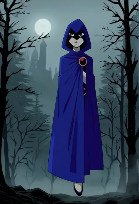 1girl, solo, raven (dc), purple eyes,  purple hair, grey skin, forehead jewel, blue cape covering whole body, long blue cape, cape hovering, floating, night, fog, forest, city, hood covered head, Looking at viewer, High Resolution, Best Quality, Masterpiec...