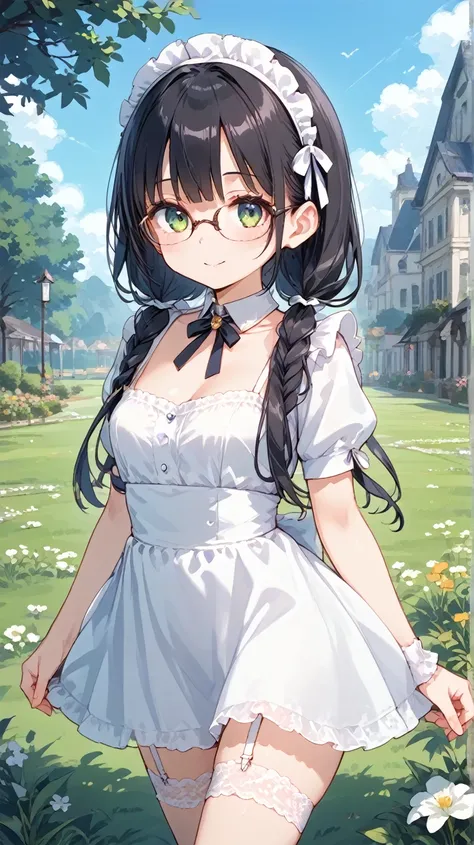 Black Hair, long hair,Pigtails,Glasses,lawn, (((white Lace garter Belt )))