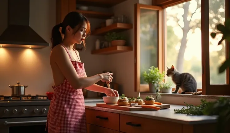 wide view a photograph of a [beautiful and sexy adult woman, balinese face, solid and large buttocks, 34D chest,] cooking in a luxurious kitchen [twilight]. wearing [topless covered with a red apron with a chequered pattern, No Bra, No Underwear and white ...