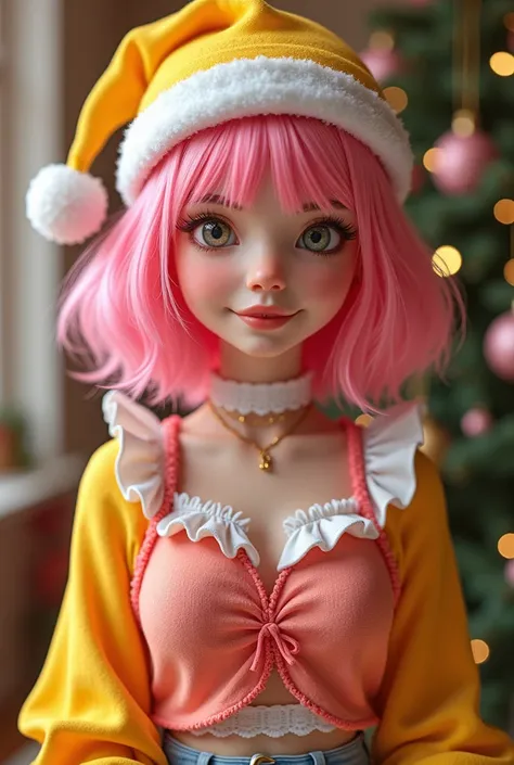  Female character with pink hair and a yellow Christmas hat, a pink blouse and a yellow long sleeve mini blouse on top  