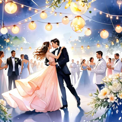 Create watercolor painting scene of sundowner cocktail dance, indian bride and groom couples in gown and tuxedo, fairy light decor, white flowers tiny, open sky, night theme, only couple to be in the frame, watercolor splash
Details highlighted of the surr...