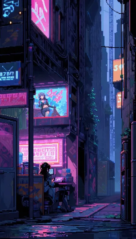 score_9, score_8_up, score_7_up, score_6_up, masterpiece, high quality, best quality, pixel art, 1girl, sitting by the window, back alley, neon light, night street, wide shot, neon light illuminates the room