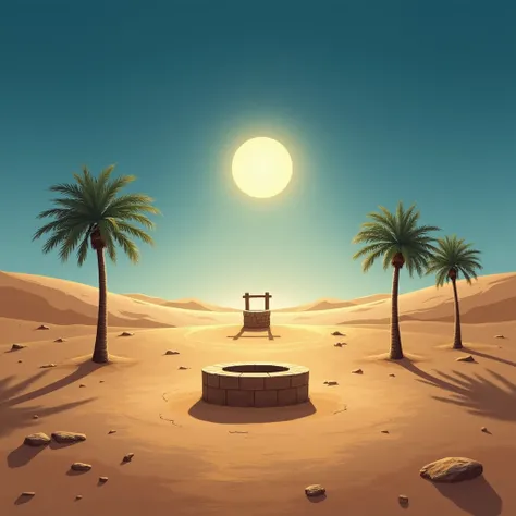 "A vast, arid desert with a simple altar in the foreground, surrounded by sparse palm trees and a deep blue sky. The scene captures the moment of Prophet Ismail’s (AS) obedience and trust in Allah, as he prepares for sacrifice. In the background, a well, s...