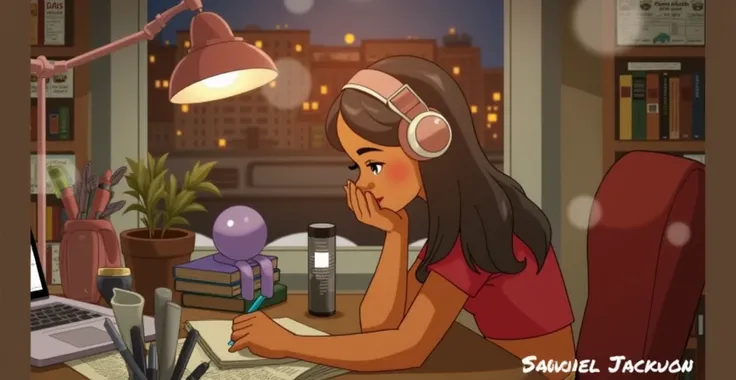 lofi (style like image) of brown teenage girl studying 