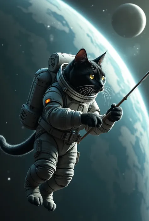 in orbit around a planet in space, Black cat wearing a futuristic astronaut suit fishing for big alien fish, super high definition, photo realistic sharpness texture, (realistic skin textures: 1.2), film grain,