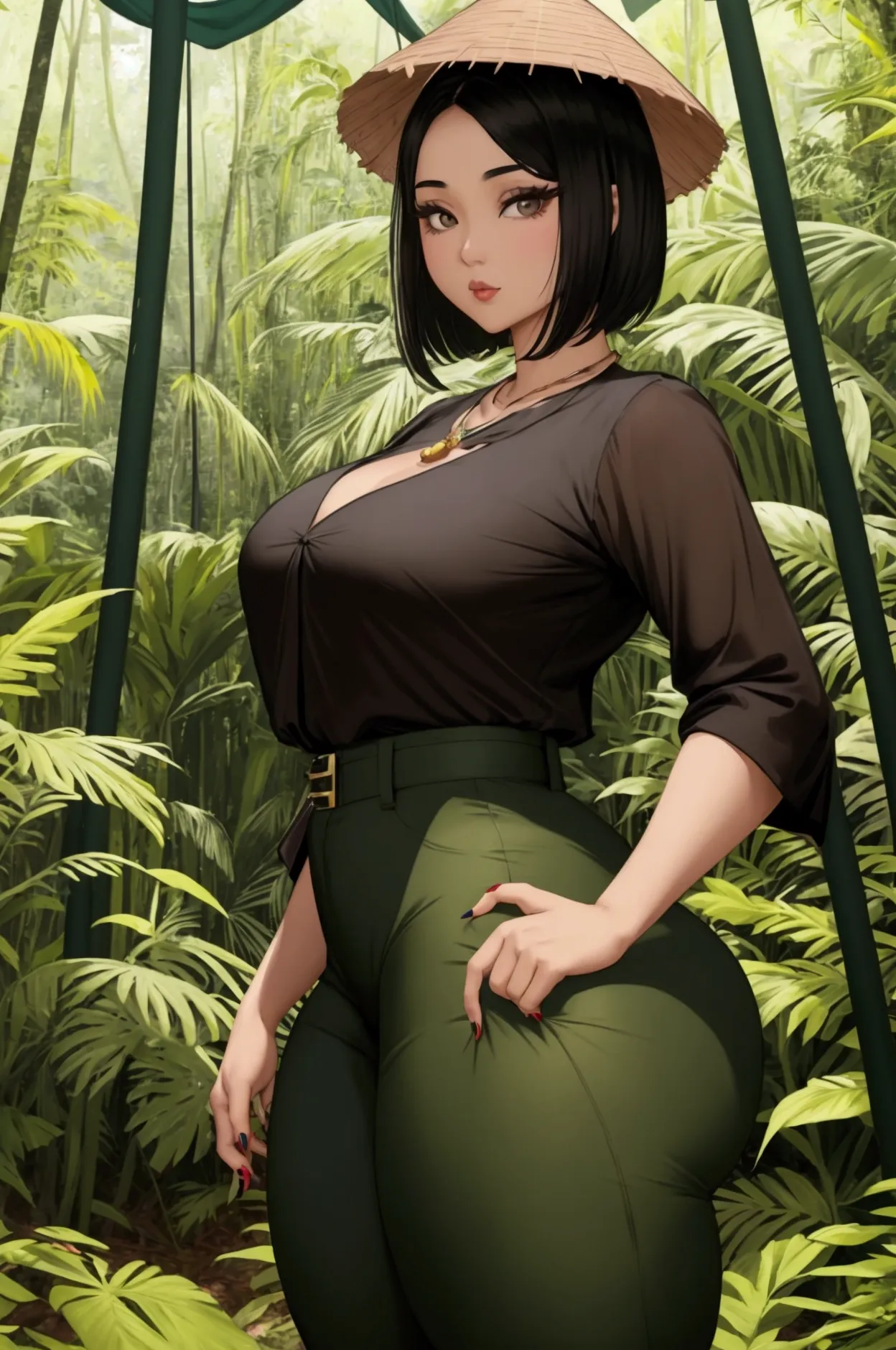 One black haired vietnamese women, huge amazing ass, thick thighs, bbk, pretty feminine face, small waist, 29 years old, short black hair, wearing green blouse, lightbrown cargopants, green buckethat, white nailpolish, necklace standing in a beautifiul for...