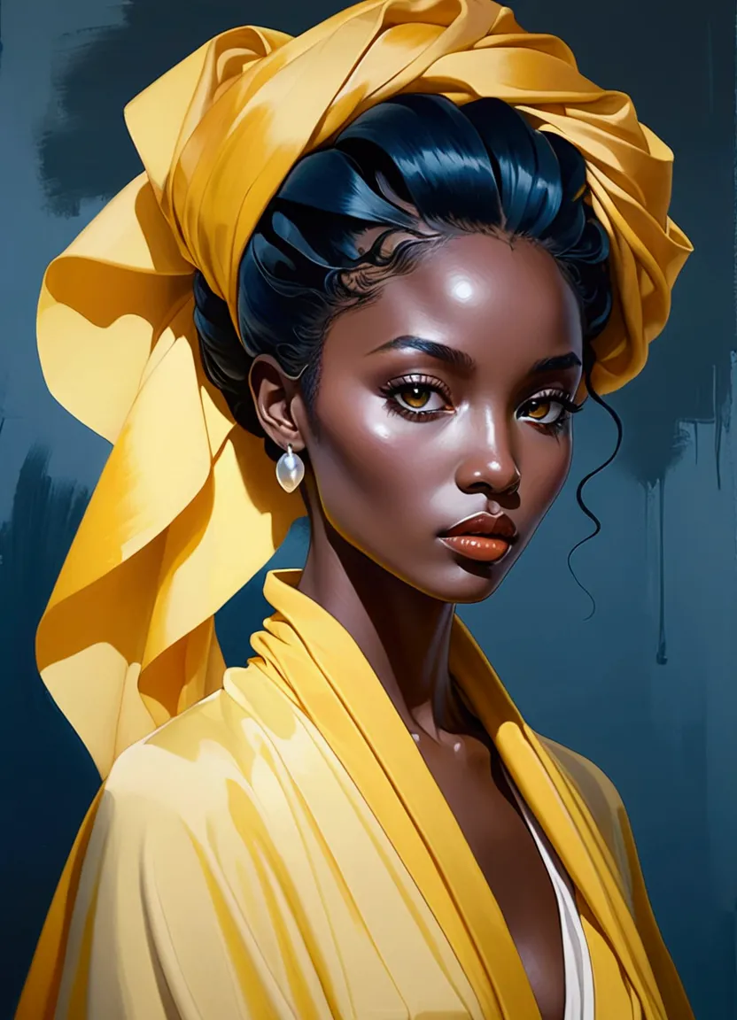 chiaroscuro technique on sensual illustration of an elegant 1980s african woman, vintage beauty, eerie, the model draped in flow...