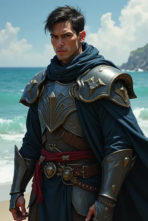 a close up of a person standing on a beach near a body of water, flowing robes and leather armor, picture of a male cleric, steel inquisitor from mistborn, dressed like a cleric, from magic the gathering, male artificer, from pathfinder, full portrait of m...