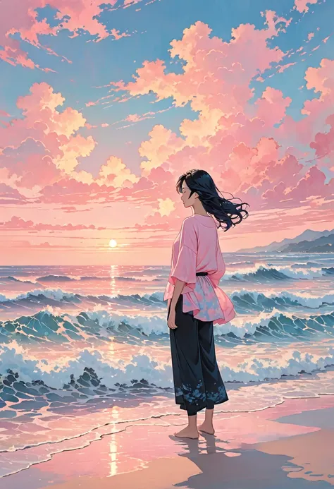 In this illustration, a person with long, flowing black hair stands facing the ocean. They are wearing a pink top and black pants. The scene is set against a backdrop of beautiful waves, with a sky painted in soft hues of pink and blue, suggesting either s...