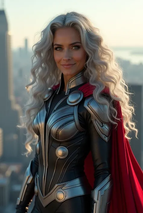 Extremely photorealistic An gracefully aging Hispanic version of Ariana Grande, beautiful and young looking, a 50 year old woman with long, completely gray hair in big curls, stylized as a retired female version of the superhero Thor wearing Thor superhero...