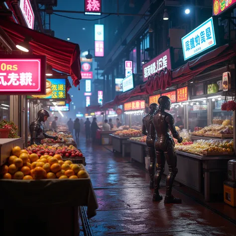 a futuristic night market, robot sellers, hologram ads, led signs, vibrant neon, contrast of traditional and modern, high-tech architecture, (best quality,4k,8k,highres,masterpiece:1.2),ultra-detailed,(realistic,photorealistic,photo-realistic:1.37),cinemat...