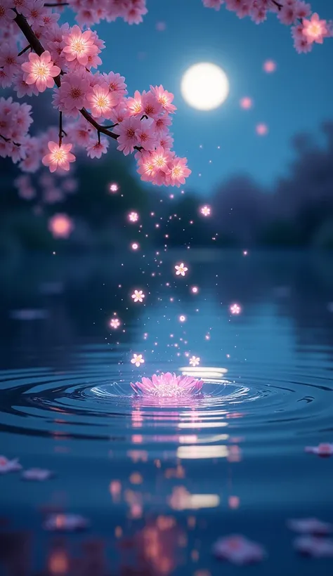 Magical night Close up on glow light cherry flowers fall in water 8k, The reflection of the moon is visible in the water.