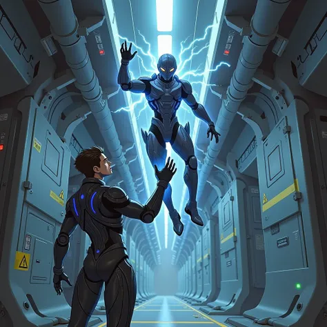  anime style . A space soldier , Using your right hand, lift another space soldier in a corridor of a ship with telekinesis.