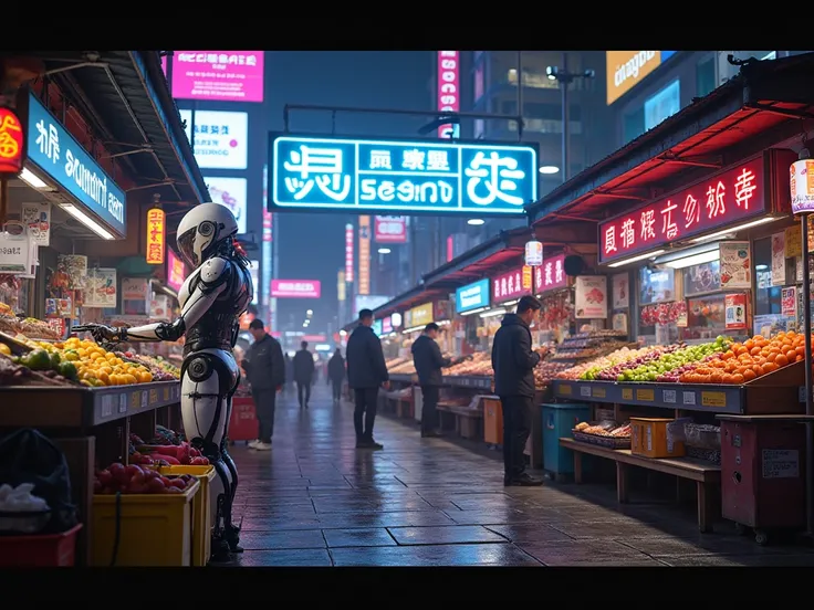 a futuristic night market, robot sellers, hologram ads, led signs, vibrant neon, contrast of traditional and modern, high-tech architecture, (best quality,4k,8k,highres,masterpiece:1.2),ultra-detailed,(realistic,photorealistic,photo-realistic:1.37),cinemat...