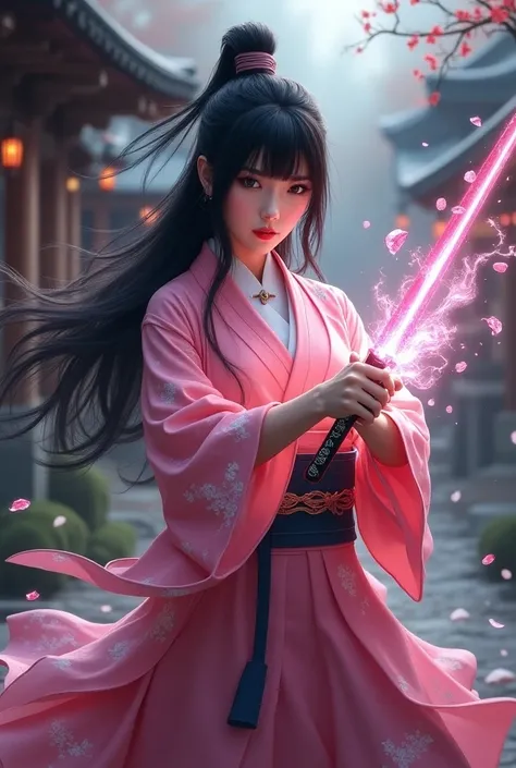  An adult woman holding Kunai,  using gemstone magic , pink kimono costume , long black hair with bangs, Japanese style 