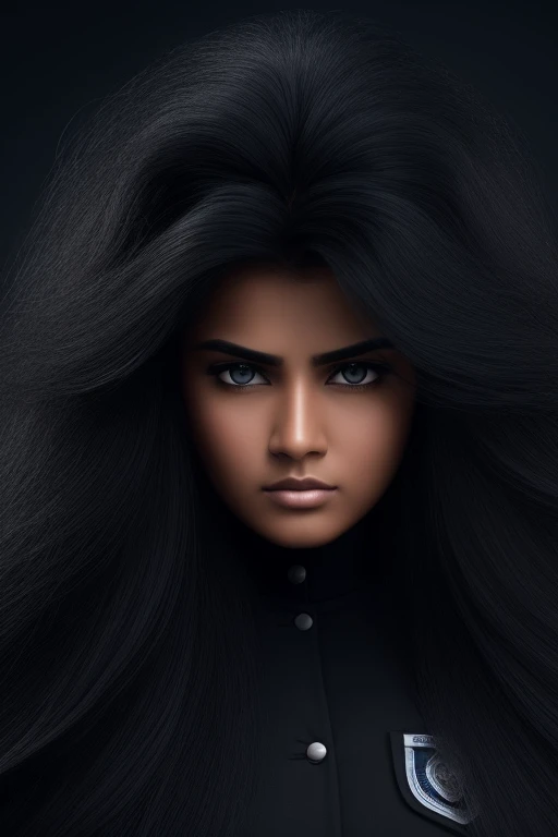 jet black hair,most very long hair,most very lion hair,most very wolf hair,most very frizzy hair,coarse hair,most very spread hairstyle,thick hair,fluffy hair,most very heavy weight hair,most very voluminous hair,shiny jet black hair,female jail officer,bl...