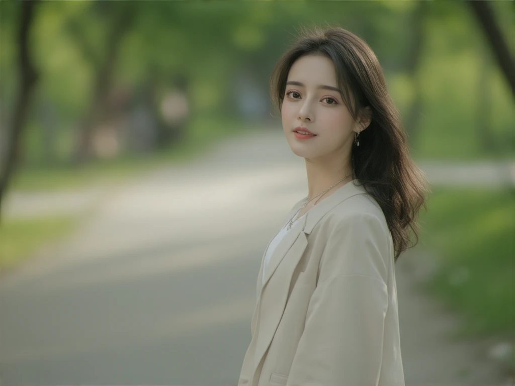 girl,solo, perfect face,wearing a hot, possessing natural elegance, walking along a city park