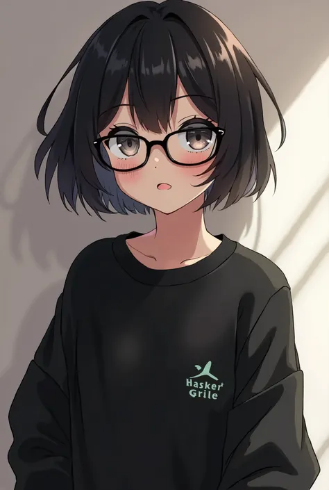 Girl short hair all black, Big black sweatshirt and almost anime glasses not so anime