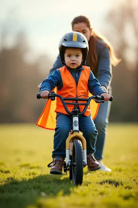 Un enfant qui apprend à faire du vélo sans les petites roues. Un adulte à ses côtés en train de le soutenir. Lenfant a un gilet de protection anti chute, un gros casque et un parachute 