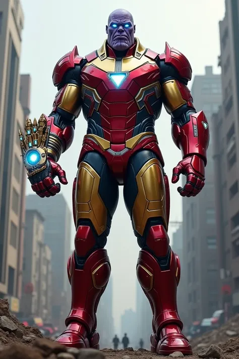 "Thanos in full Iron Man armor, with the iconic red-and-gold suit covering his body entirely. He retains his powerful Infinity Gauntlet on one hand, now modified with Iron Man’s high-tech style, complete with arc reactor lights and sleek metal designs. His...