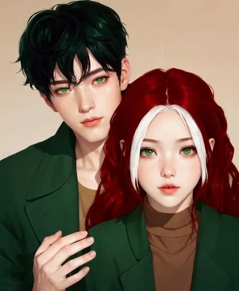 anime couple with red hair and green jacket, trending on artstration, in the art style of bowater, digital anime illustration, artwork in the style of guweiz, realistic artstyle, inspired by jeonseok lee, inspired by Yanjun Cheng, anime style portrait, ani...