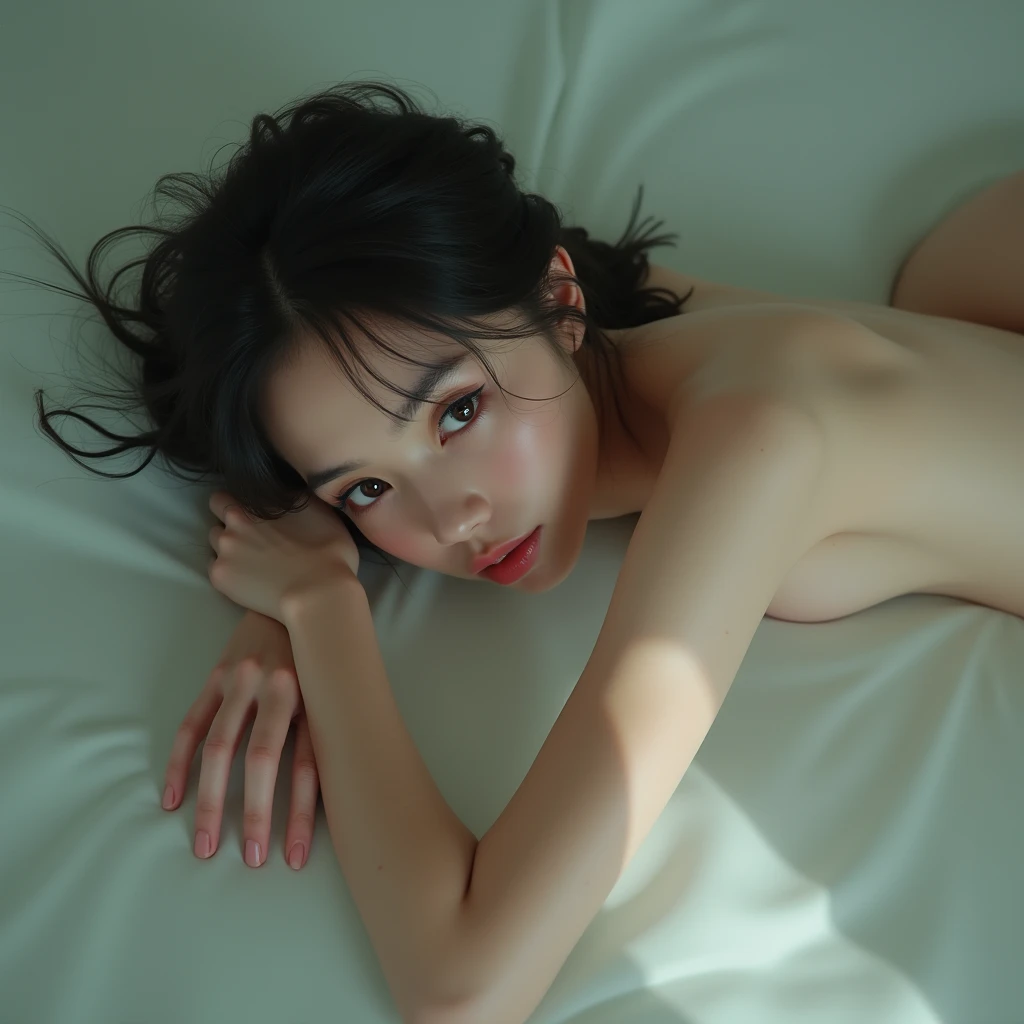 (XLabs F.1 Realism LoRA V1) .  Beautiful Innocent girl in prone masturbation position, Haunting Beautiful Reflective Eyes, Nudie back, BabyLike Hands, Grabbing her self. Coming Top of Ecstacy