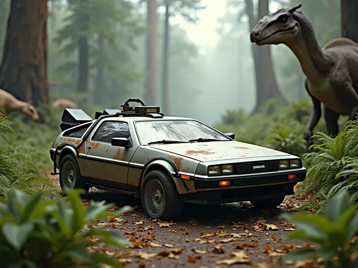 Dlorean from Back to the Future but then she got to the dinosaurs but she broke down and her wheels were replaced with stone ones. Shes covered in scratches and dents