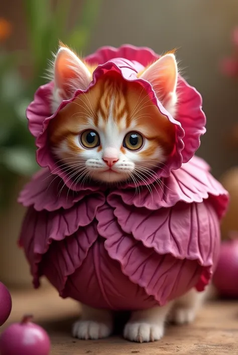 1. Wore a red cabbage costume、Cute kitten
