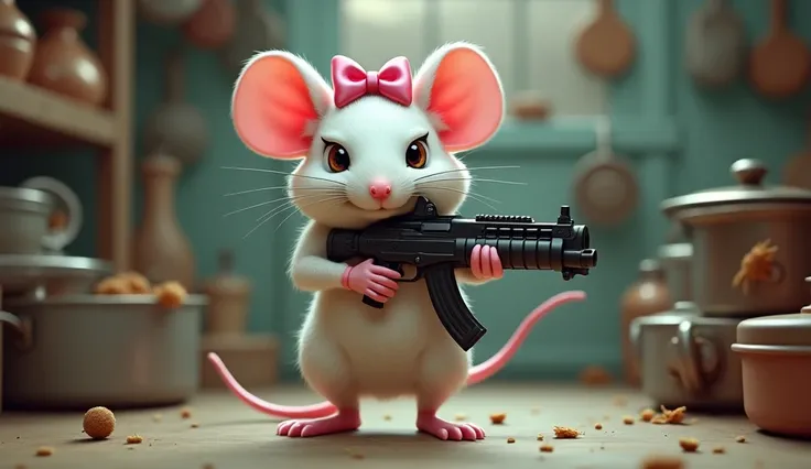 an angry white mouse, a uzi in her hand, a pink bow tie on her head, she wear pink shoes, she has no other cloths, the environment is a kitchen