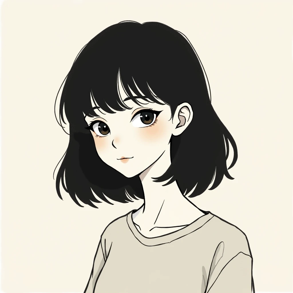 minimalism portrait from life. natural proportions - not anime. black brush sketch of a dark-haired girl. nice light background. 