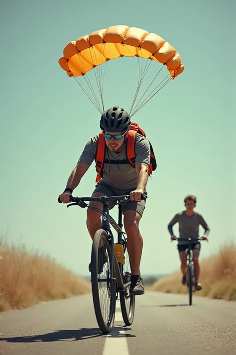  An unbalanced  on a bike .  The  is wearing a helmet and a parachute. An adult runs behind in a panic  