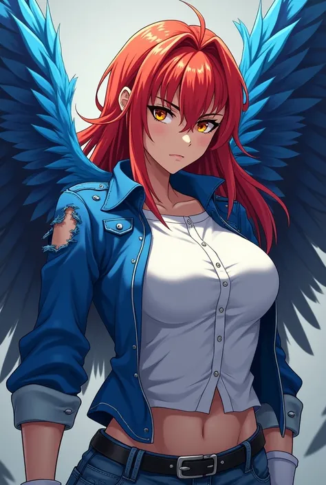 Anime style Woman with red fringe with orange eyes and white shirt accompanied by a torn blue jacket with blue feathers with a serious look white gloves and woodpecker wings with a muscular body and giant tits
