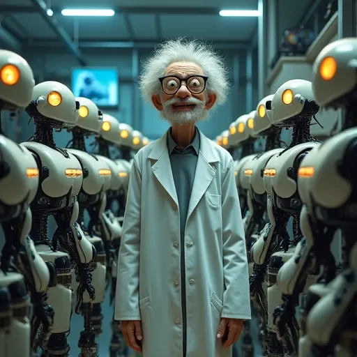 Humanoid robots lined up assemble the previous robot, and that robot also assembles the previous robot
The crazy old doctor Yobo Yobo, who has gray hair, thick glasses, and a white coat, is overjoyed to live like a 